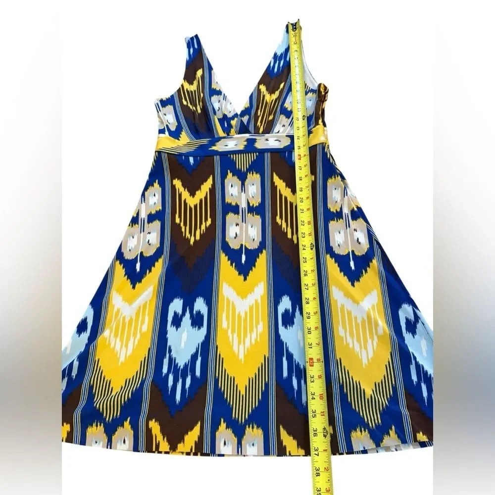 Tory Burch Silk Dress Southwestern Aztec Jersey Blue Yellow Sleeveless Medium